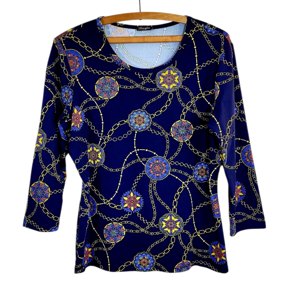 J. McLaughlin Navy Blue Chain Medallion Print 3/4 Sleeve Catalina Cloth Top L